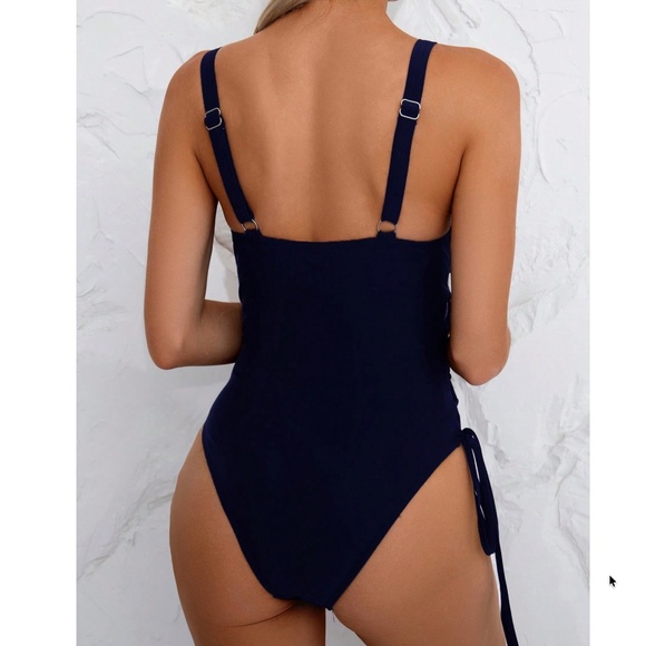 Black Lace up side detail One Piece Monokini Swimsuit - Picture 5 of 9